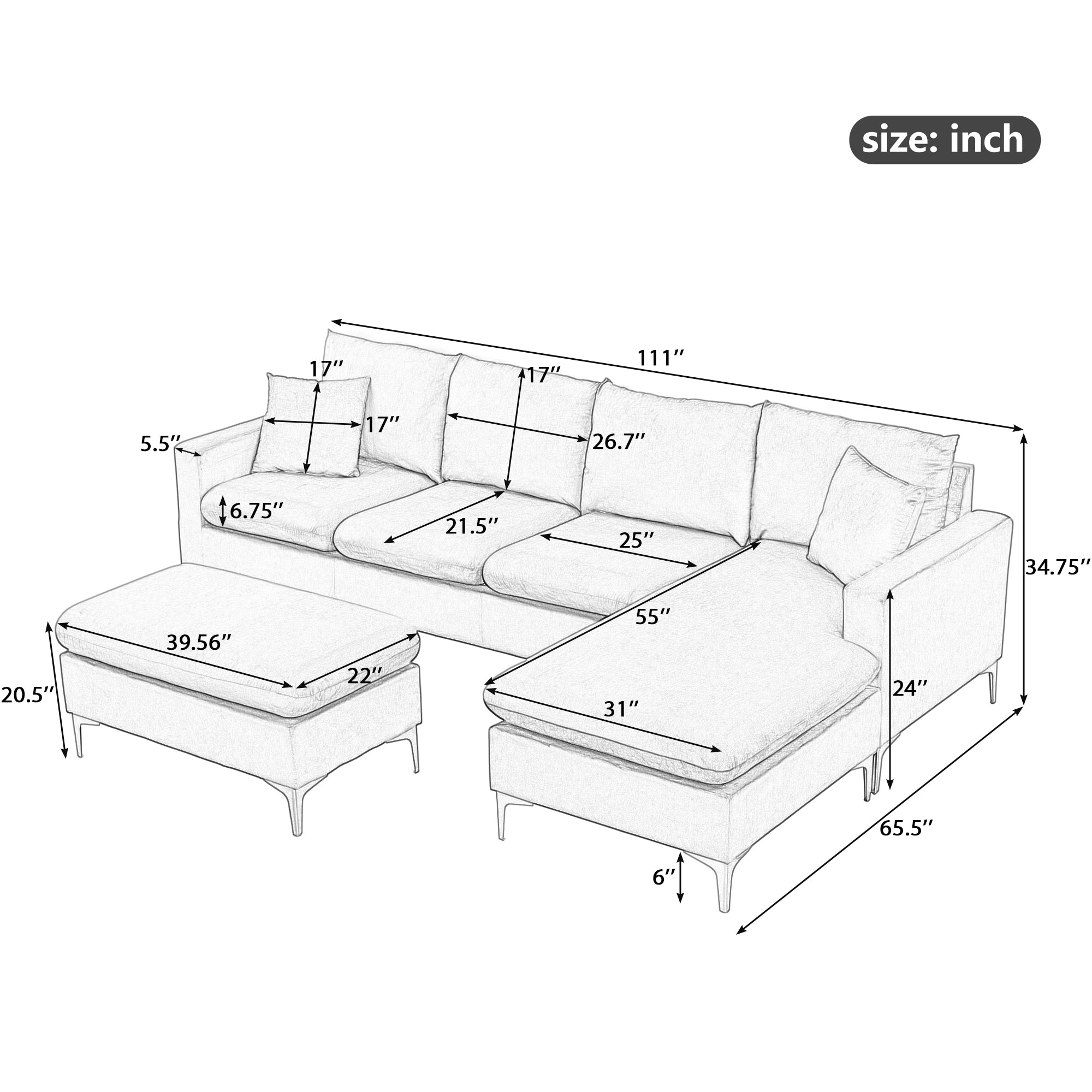 MAICOSY 110.6" Velvet L Shaped Sectional Sofa Bed Couches Chaise Ottoman Pillows, Cream White
