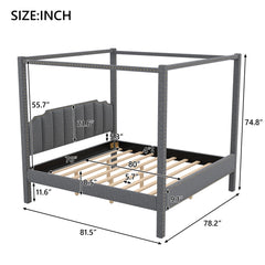 King Size Upholstery Canopy Platform Bed with Headboard - Gray