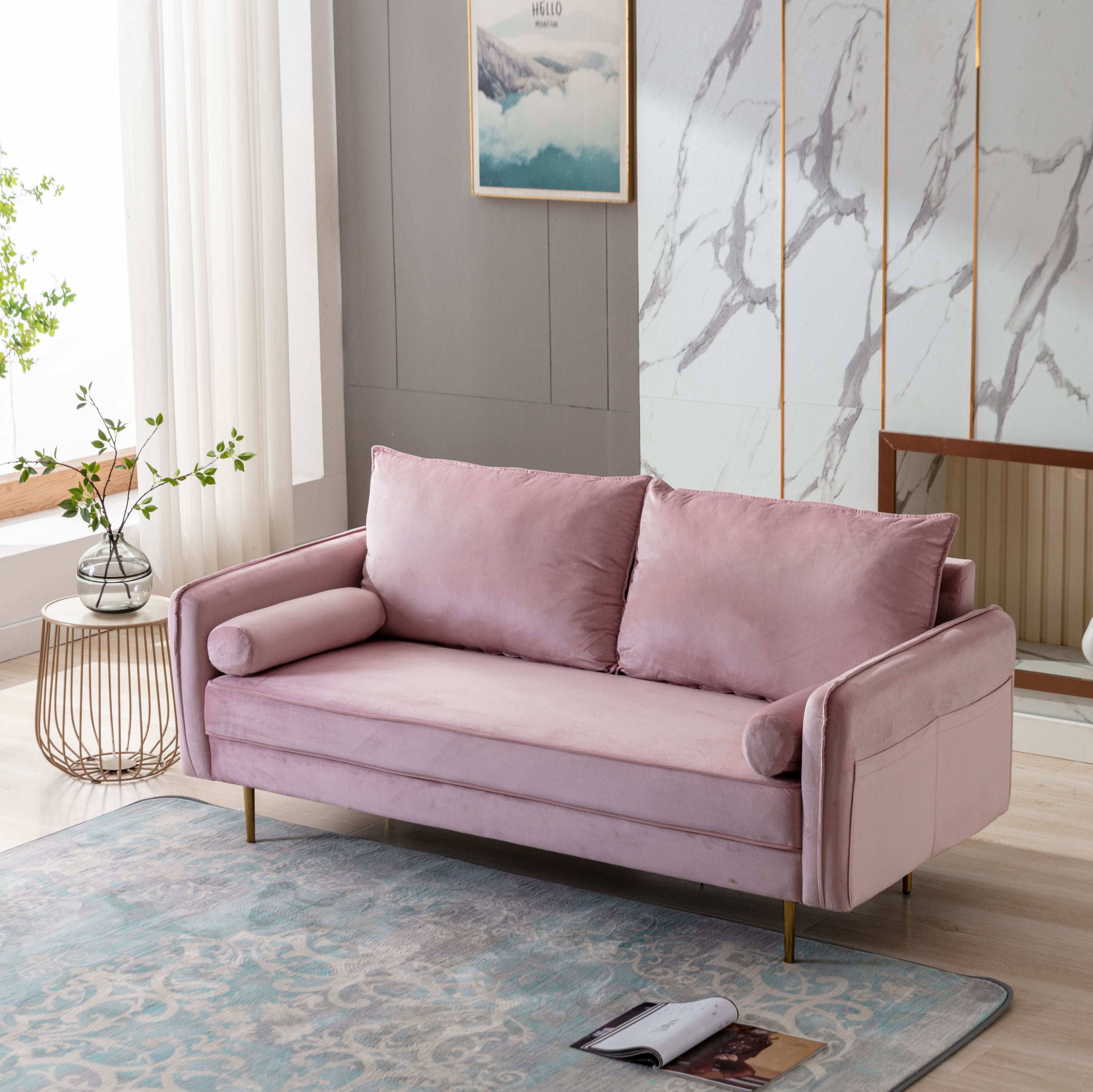 Modern Living Room Velvet Fabric Sofa Couch, Loveseat Sofa with Pocket - Pink