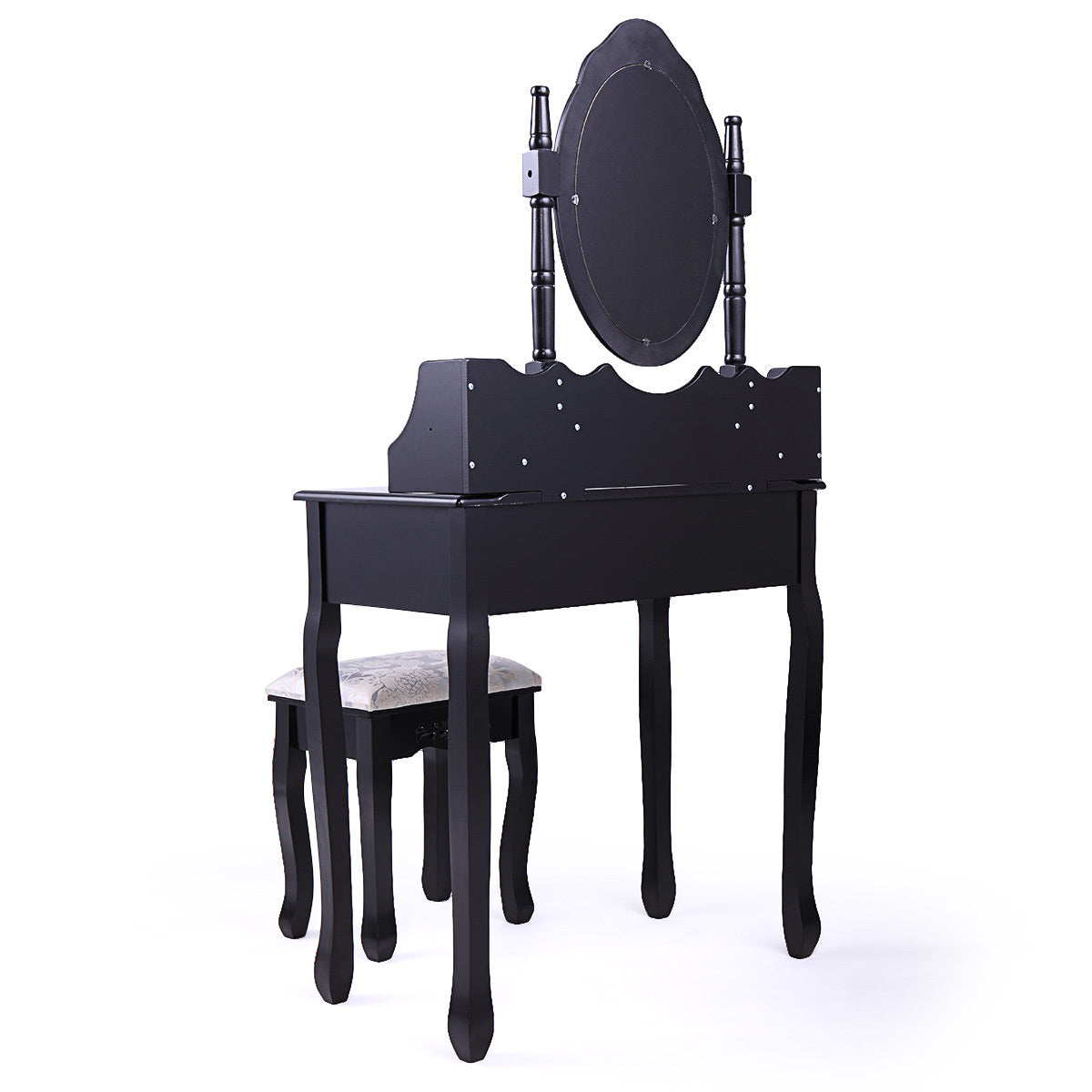 Makeup Vanity Table Dressing Table with 360-degree-rotating Mirror and 4 Drawers, Thick Padded Stool - Black