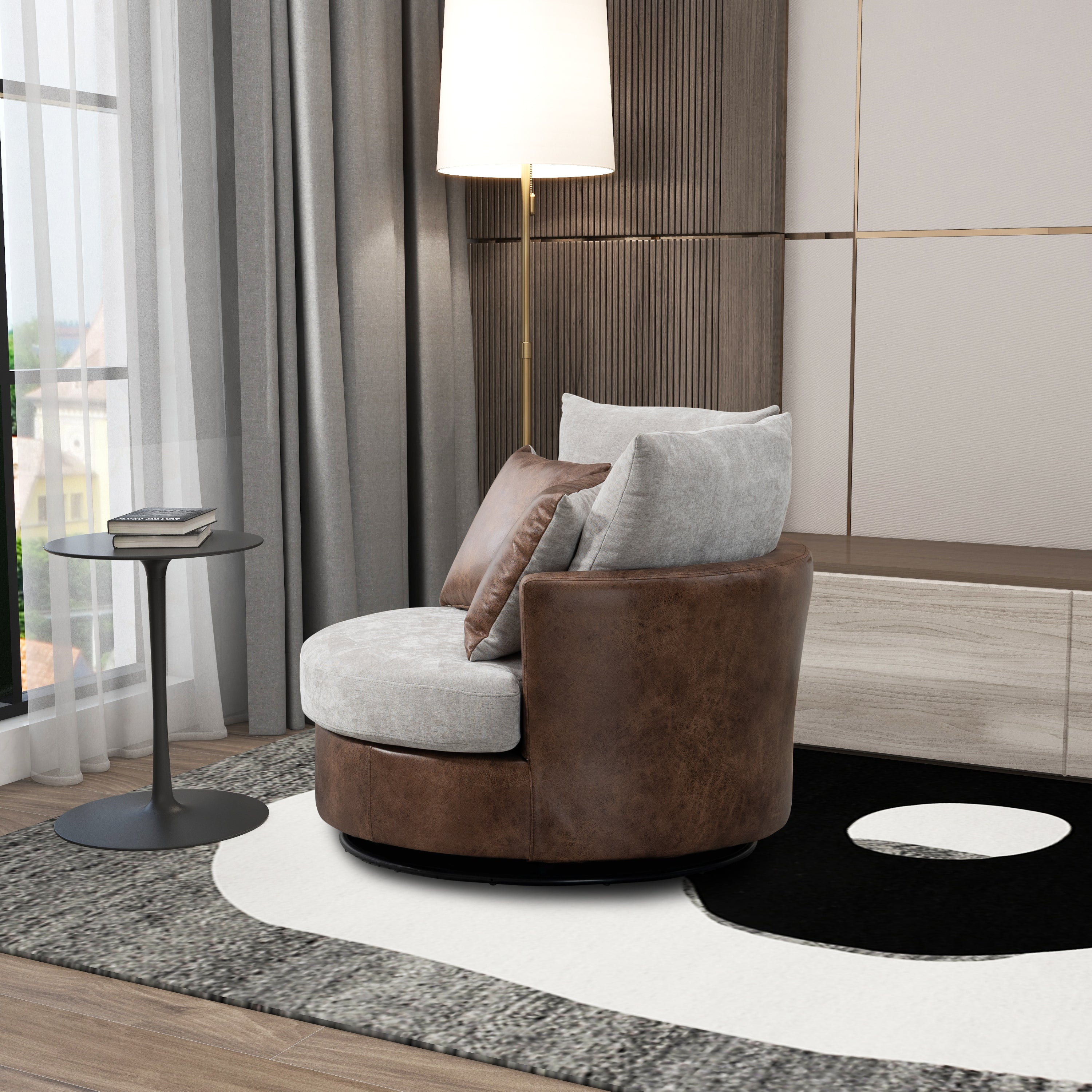 Accent Barrel Chair and Sofa With 4 Pillows 360 Degree Swivel Round Sofa- Light Gray