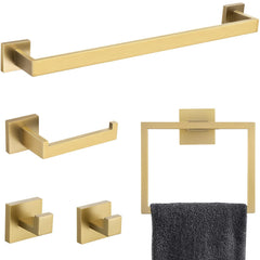 5 Pieces Bathroom Hardware Accessories Set Towel Bar Set Wall Mounted, Stainless Steel - Brushed Gold