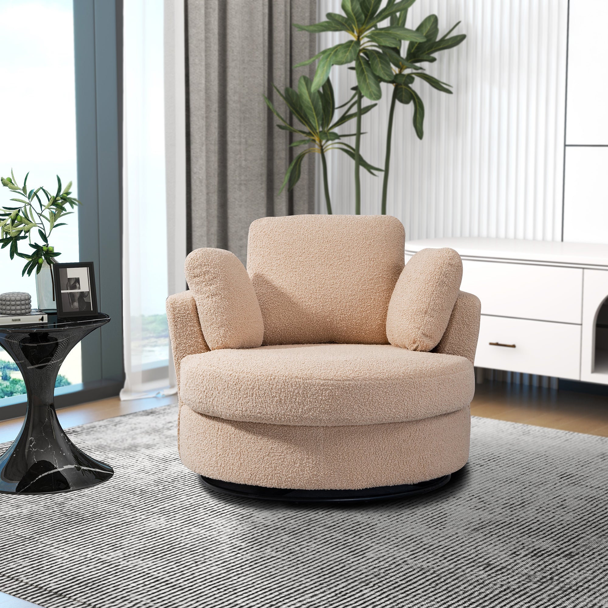 42.2" Cozy Club Chair, Swivel Barrel Chair With 3 Pillows, Swivel Round Sofa Modern Arm Chair - Light Camel
