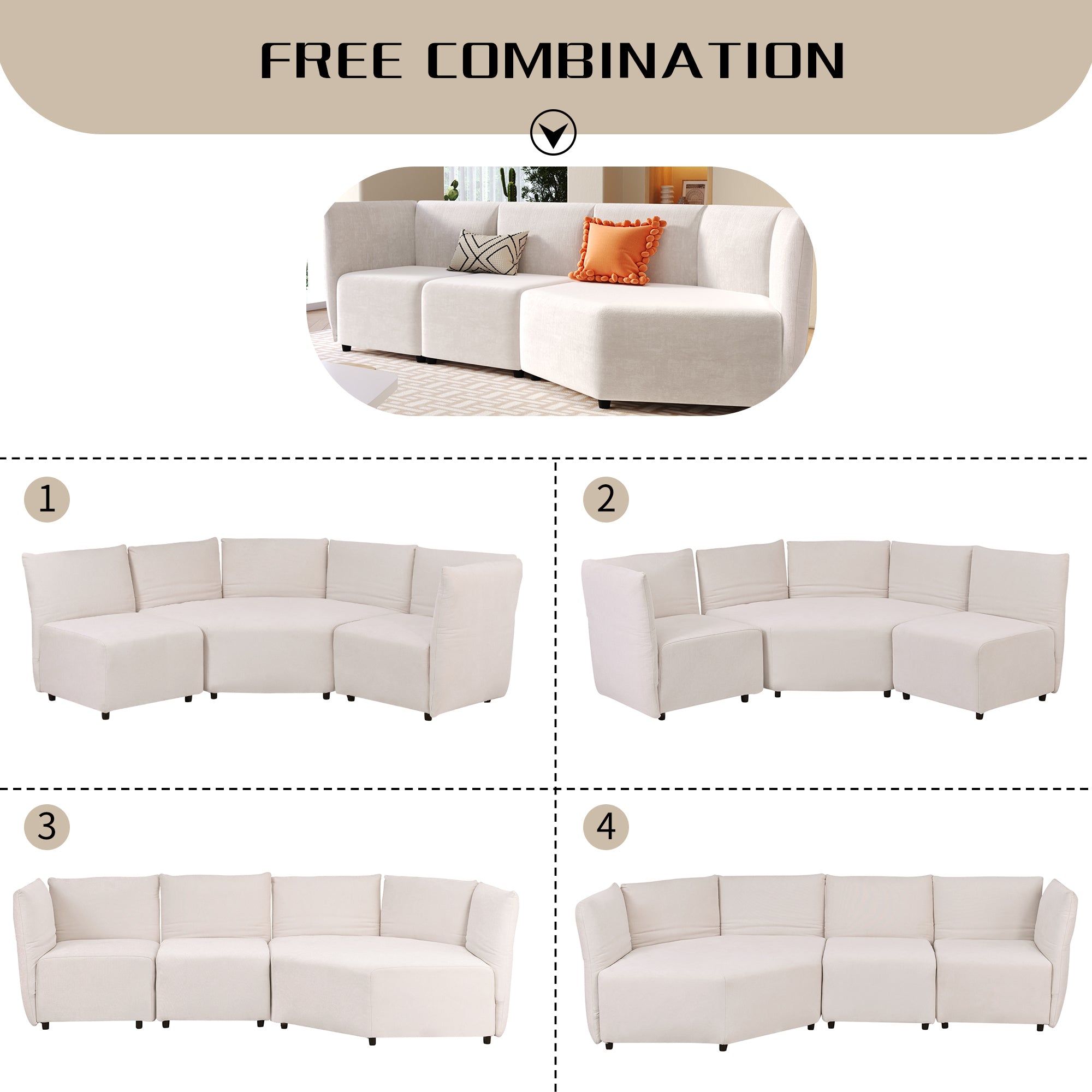 Stylish Sofa Set with Polyester Upholstery with Adjustable Back with Free Combination for Living Room - Beige