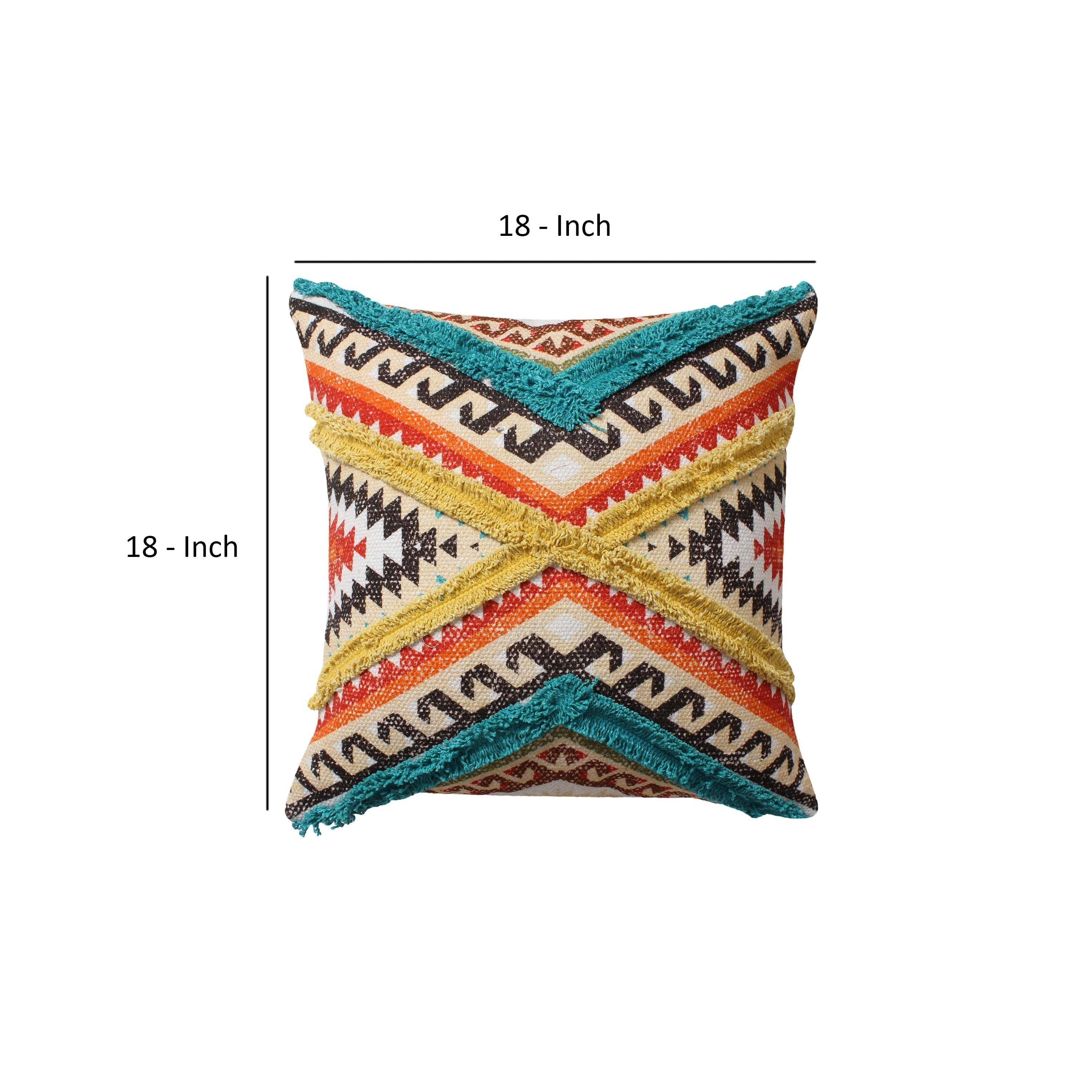 Square Cotton Accent Throw Pillow, Aztec Tribal Inspired Pattern, Trimmed Fringes 18x18" - Multicolor