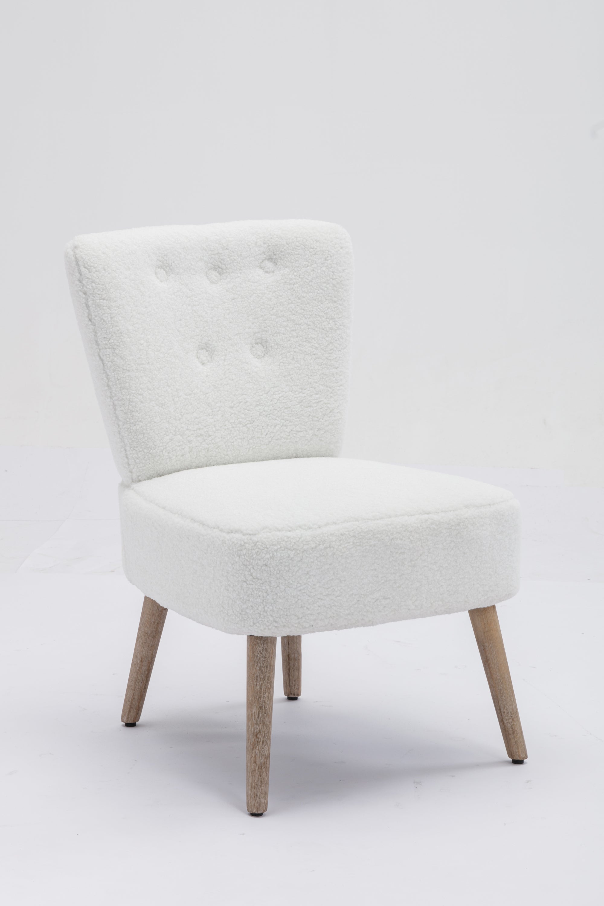 Teddy Fabric Button Accent Slipper Chair With Wooden Legs - White