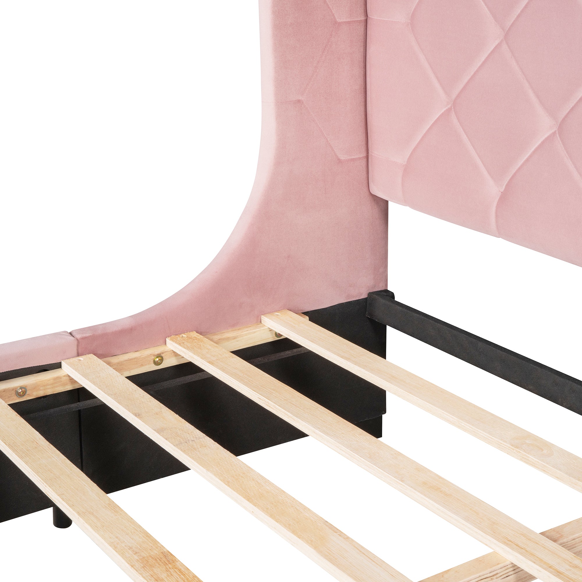 Queen Size Storage Bed Velvet Upholstered Platform Bed with Wingback Headboard and a Big Drawer - Pink