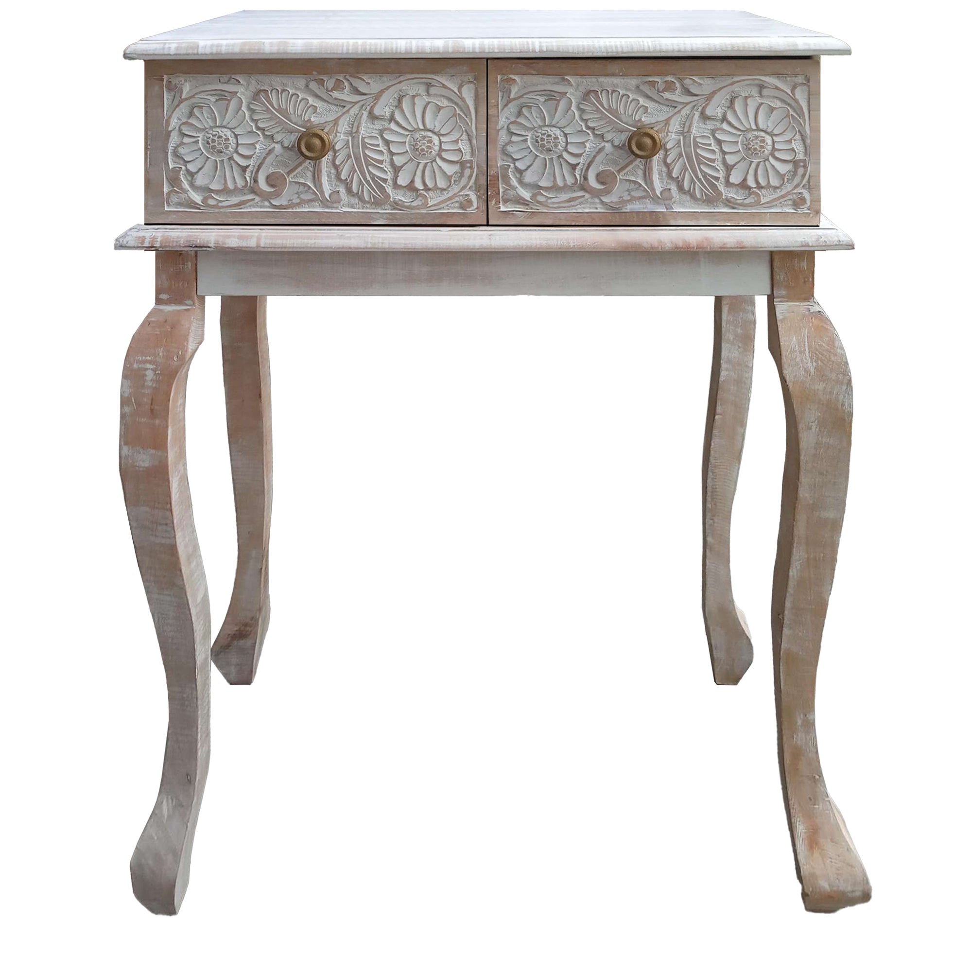 Farmhouse Style 2 Drawer Mango Wood Console Table with Floral Carved Front