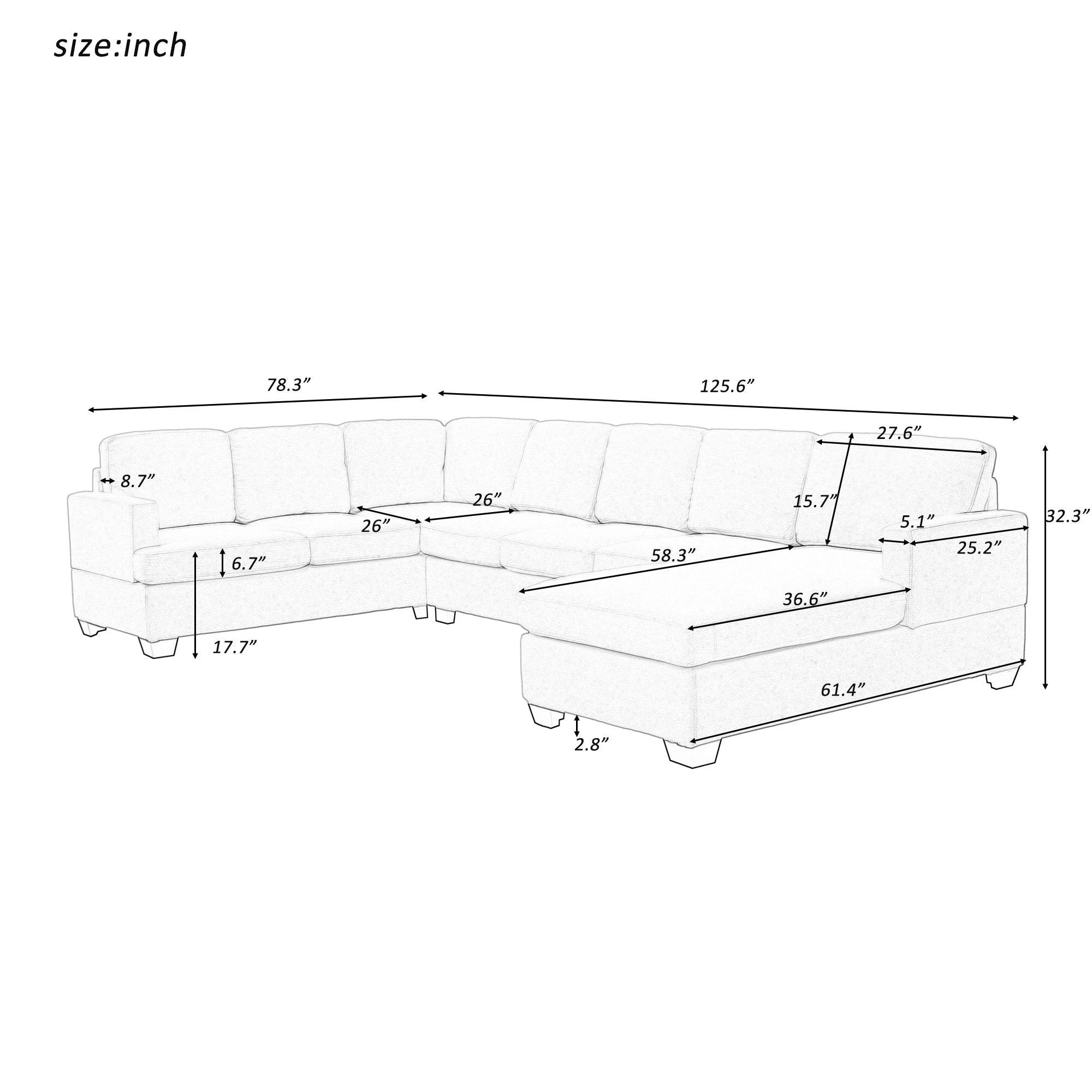 Modern Large Upholstered  U-Shape Sectional Sofa, Extra Wide Chaise Lounge Couch - Grey