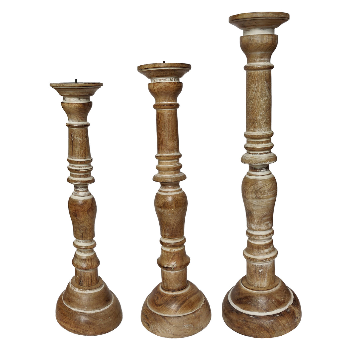 Handcrafted Distressed Wooden Candle Holder with Pedestal Body (Set of 3) - Brown
