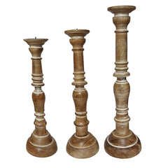 Handcrafted Distressed Wooden Candle Holder with Pedestal Body (Set of 3) - Brown