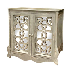 Storage Console with 2 Doors and Scrolled Mirror Trim, Antique White and Silver