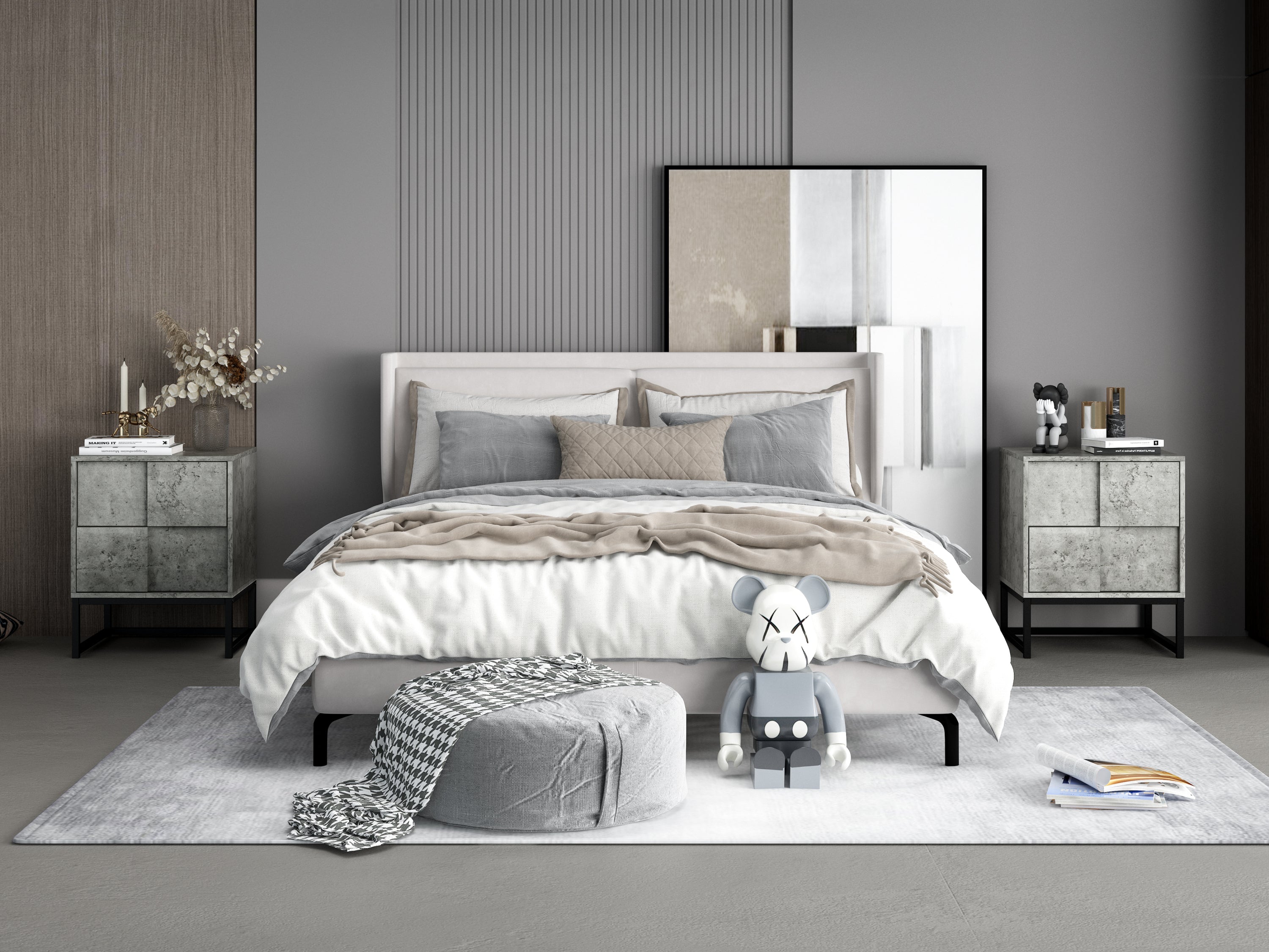 2 Drawer Nightstand,geometric elements - Cement Grey