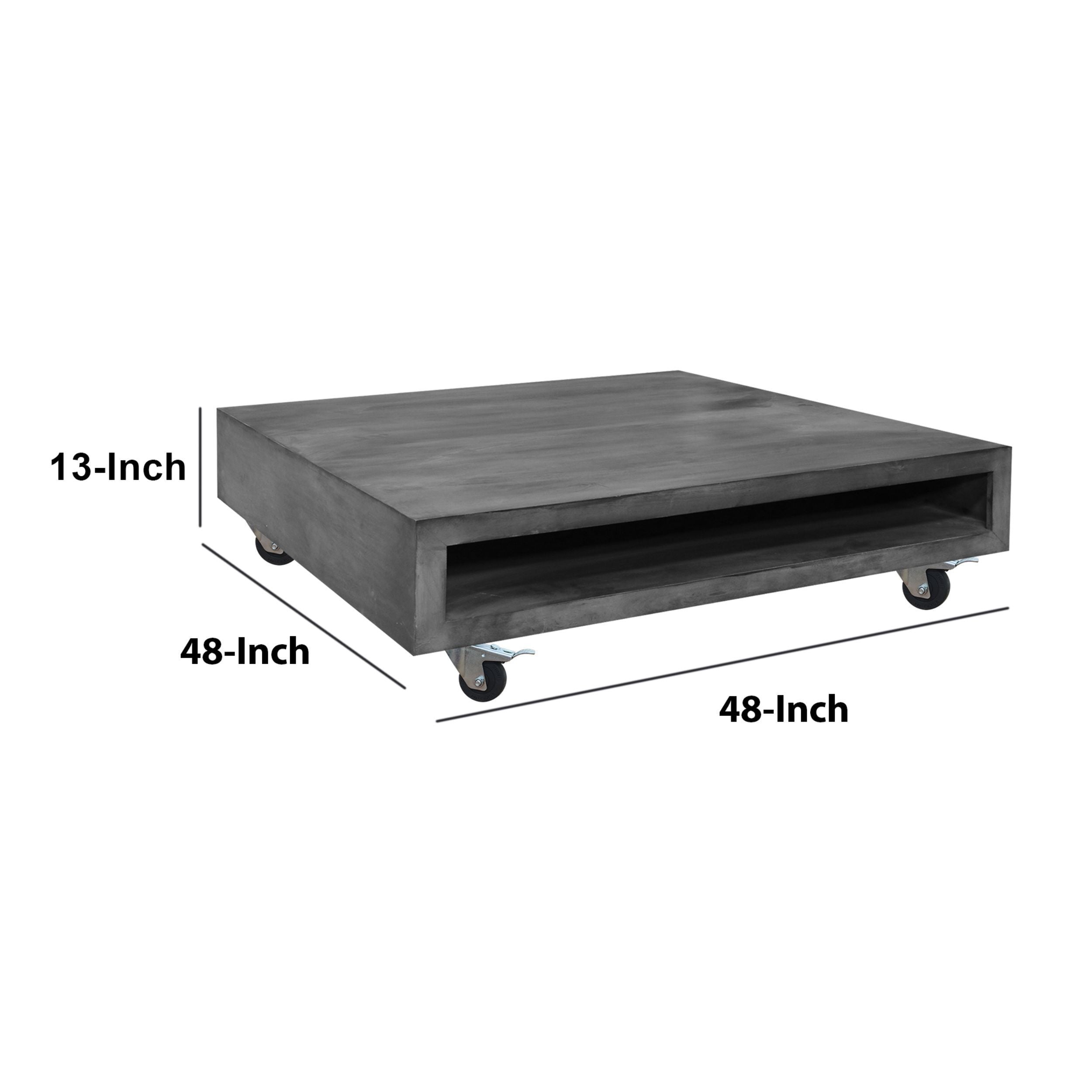 Square Mango Wood Coffee Table with Casters and Open Storage - Grey