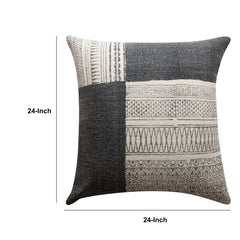 Square Handwoven Accent Throw Pillow, Cotton Dhurrie, Classic Kilim Pattern - Gray & Off White