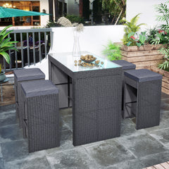 5-piece Rattan Outdoor Patio Furniture Set Bar Dining Table Set with 4 Stools - Gray Cushion + Gray Wicker