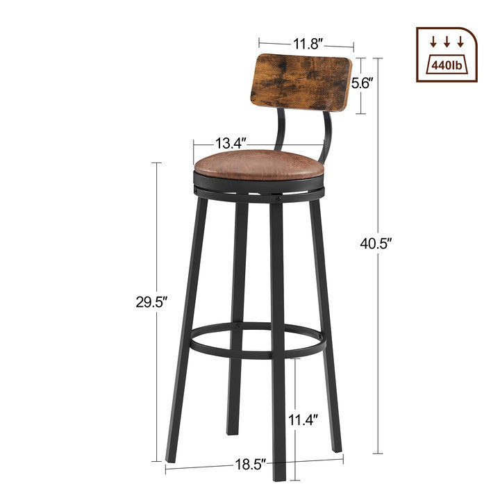 High Bar Stool With Backrest PU Soft Seat Cushion and Footrest (Set of 2) - Rustic Brown