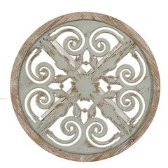 Round Wooden Carved Table - Distressed White Finish Design 24x28.5"