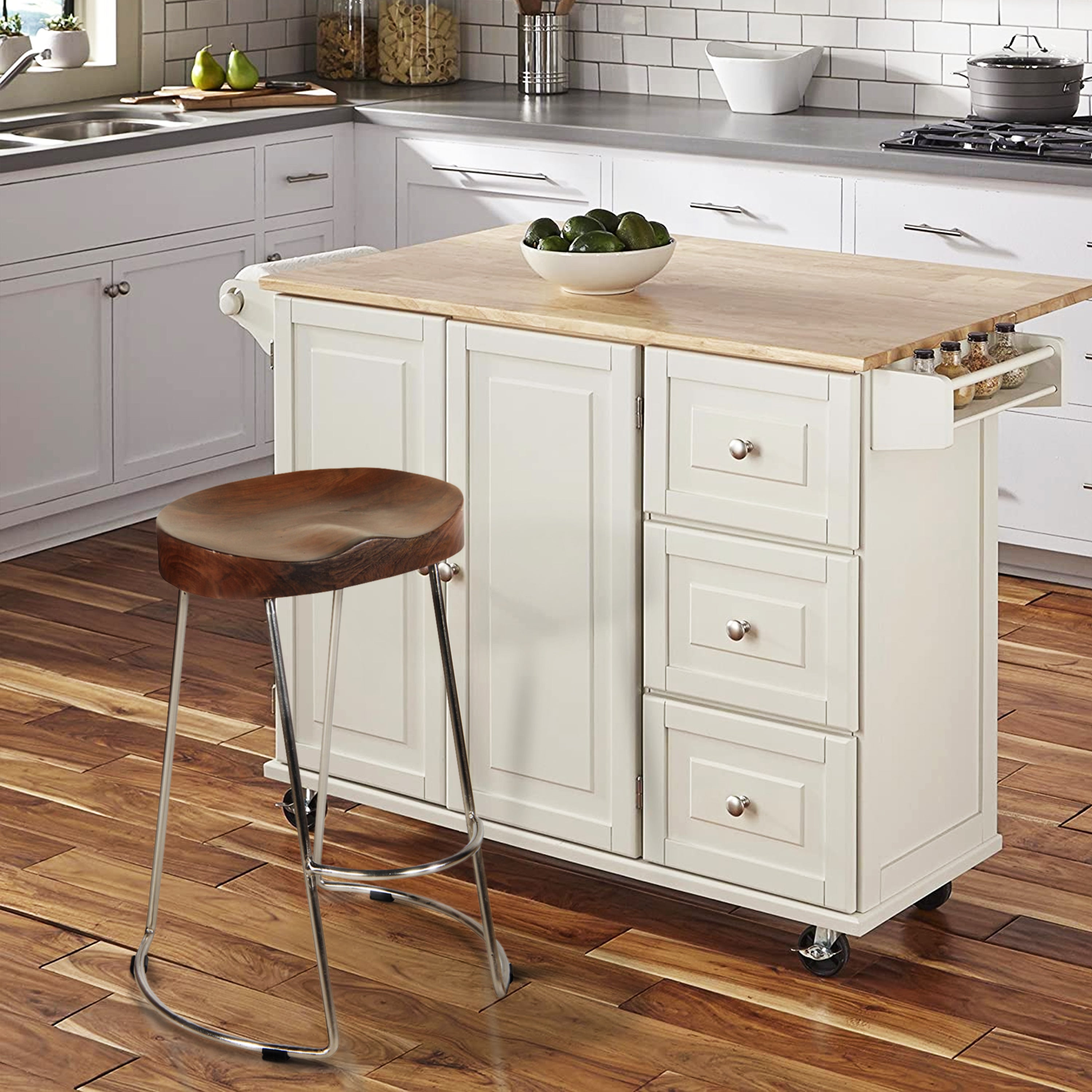 Farmhouse Counter Height Barstool with Wooden Saddle Seat - Brown and Silver