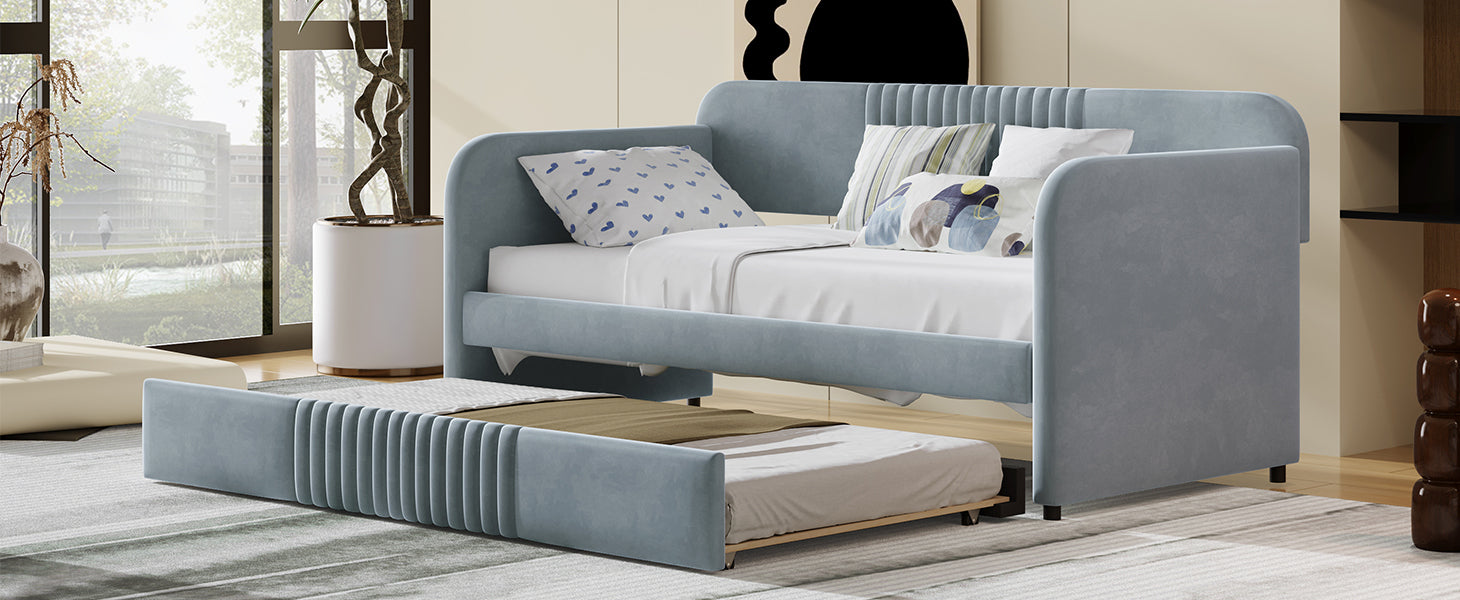 Upholstered Daybed Sofa Bed Twin Size With Trundle Bed and Wood Slat - Grey