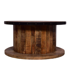 Mango Wood Farmhouse Coffee Table with Rustic Plank Style Round Top and Base - Walnut and Natural Brown