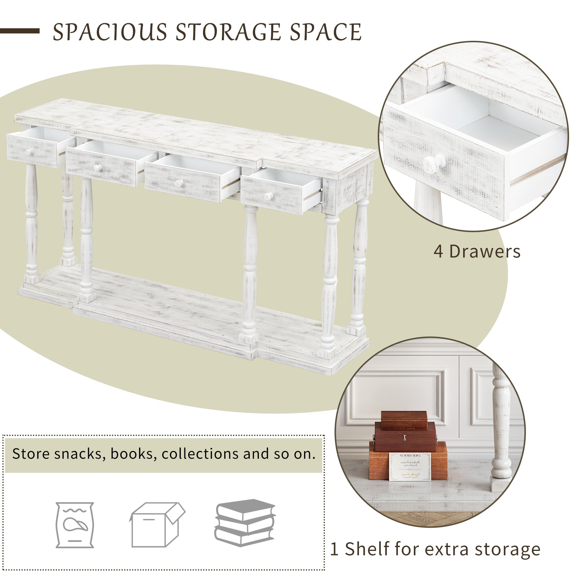 Retro Console Table for Hallway with 4 Front Facing Storage Drawers and 1 Shelf - Antique White