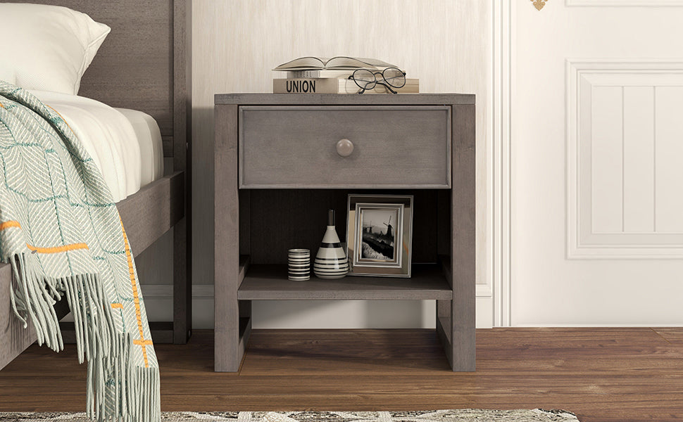 Wooden Nightstand with a Drawer and an Open Storage - Antique Gray