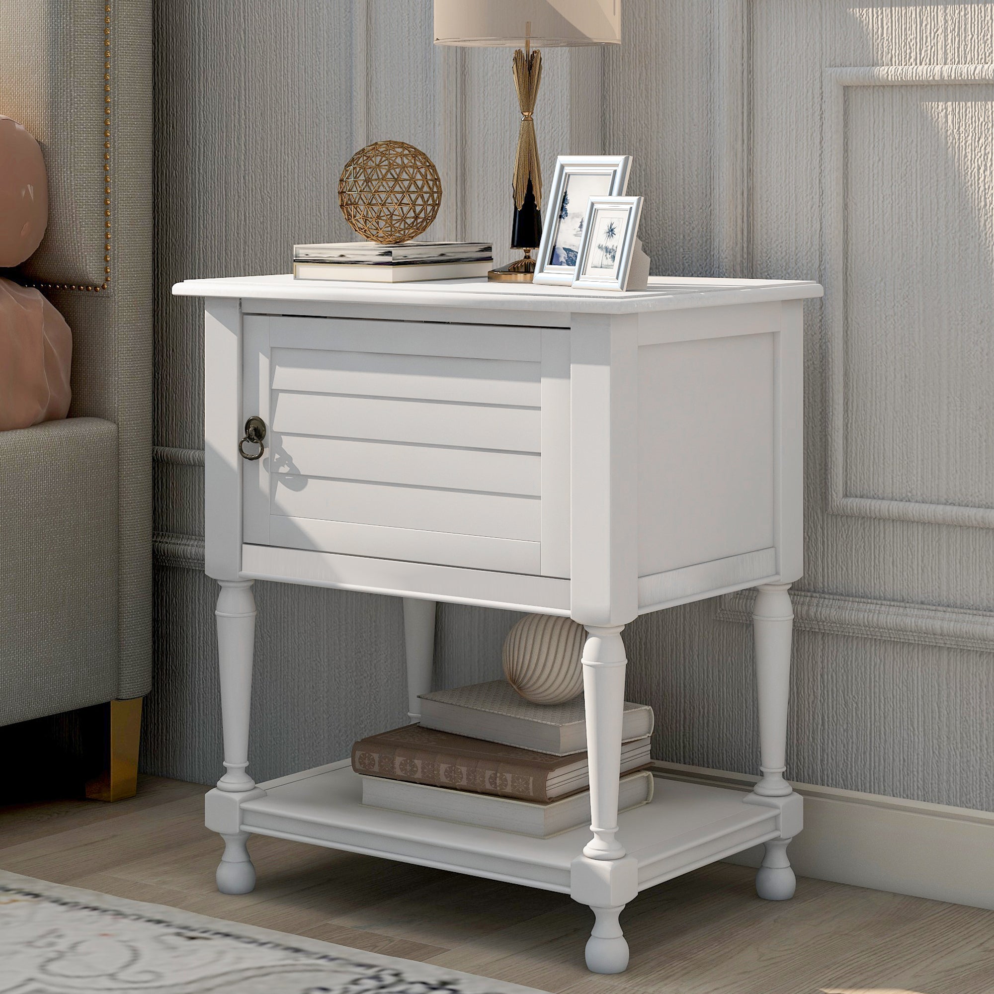 Versatile Nightstand with Two Built-in Shelves Cabinet and an Open Storage, USB Charging Design - White