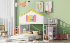 Twin over Full House Bunk Bed with Pink Staircase & Drawer - White