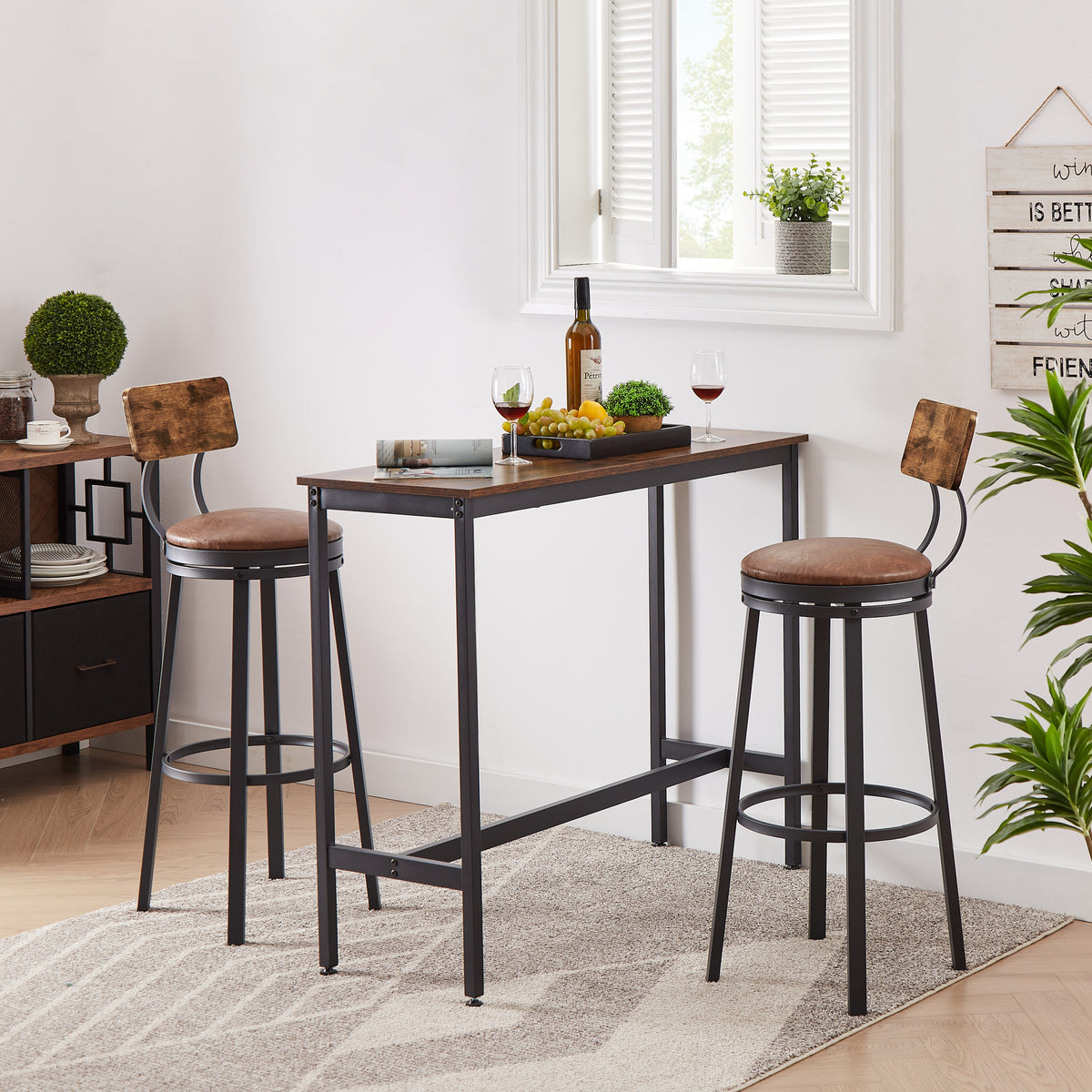 High Bar Stool With Backrest PU Soft Seat Cushion and Footrest (Set of 2) - Rustic Brown