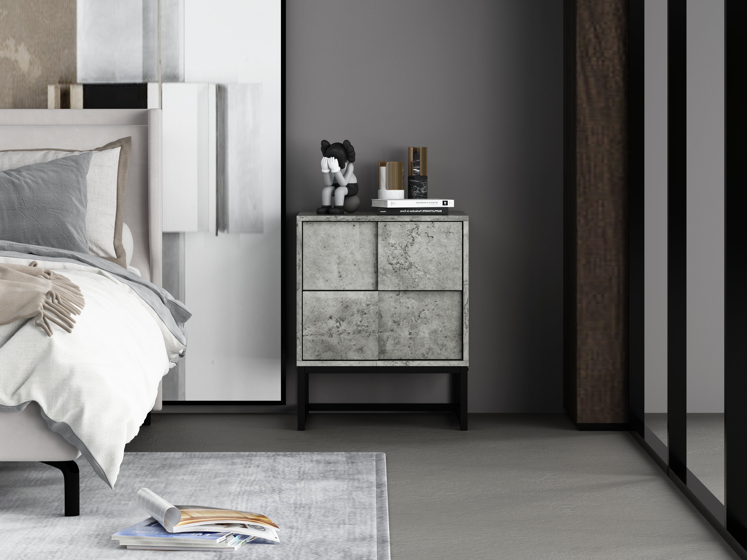 2 Drawer Nightstand,geometric elements - Cement Grey