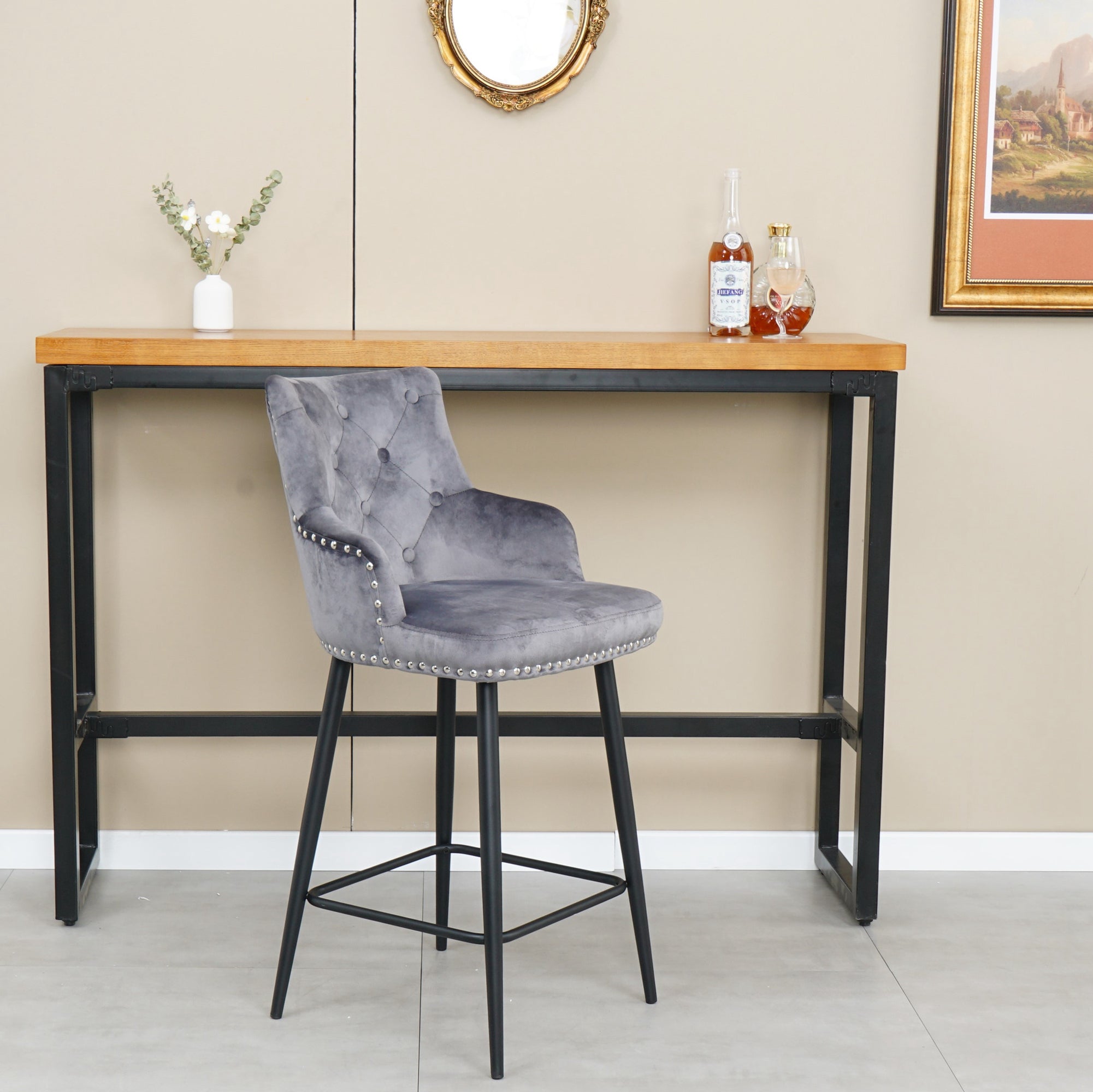 Modern Bar Chair with Armrests and Footrests (Set of 2) - Dark Grey