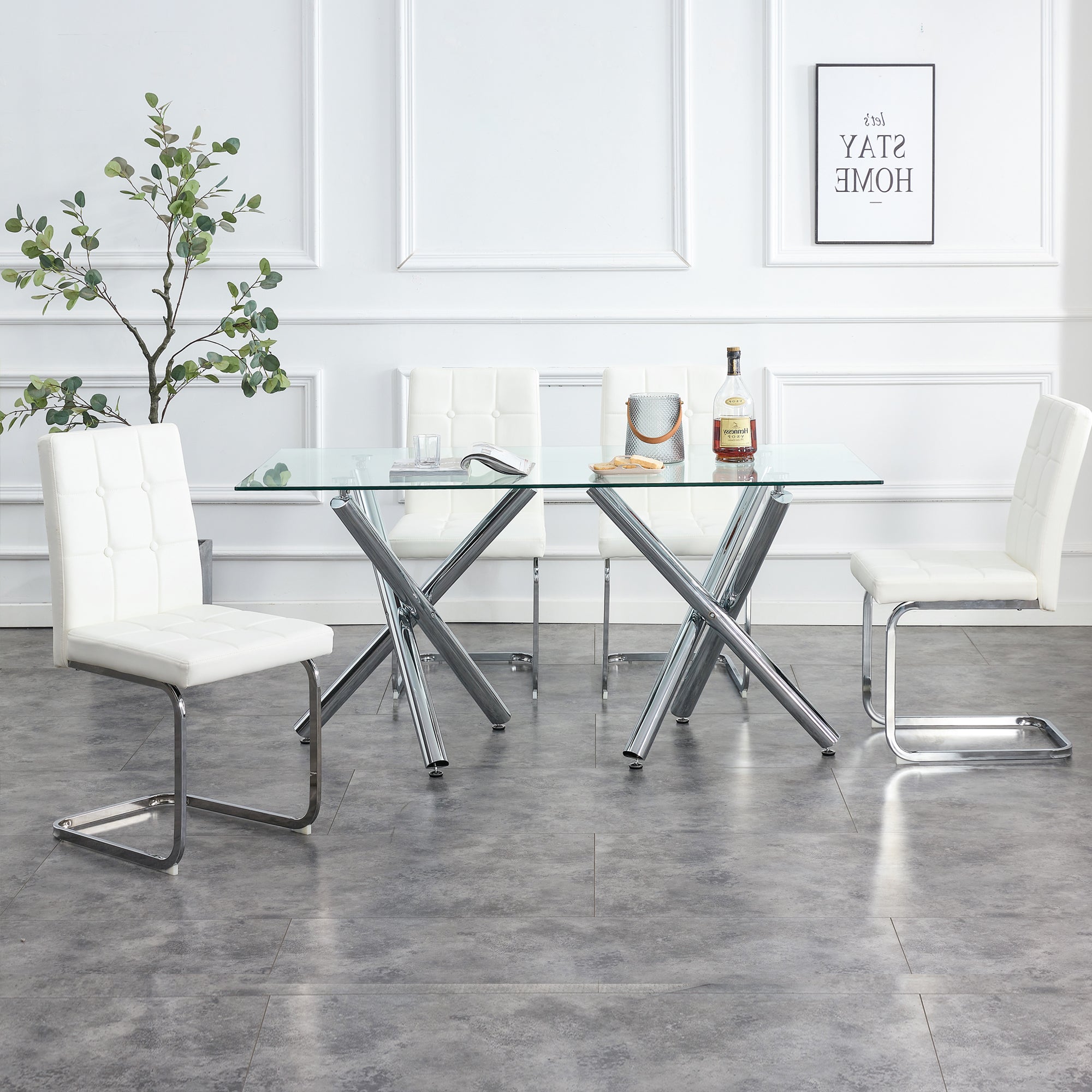 Modern Style Dining Chairs with Inset Buttons, C-shaped Tube Plating Metal Legs (Set of 2) - White