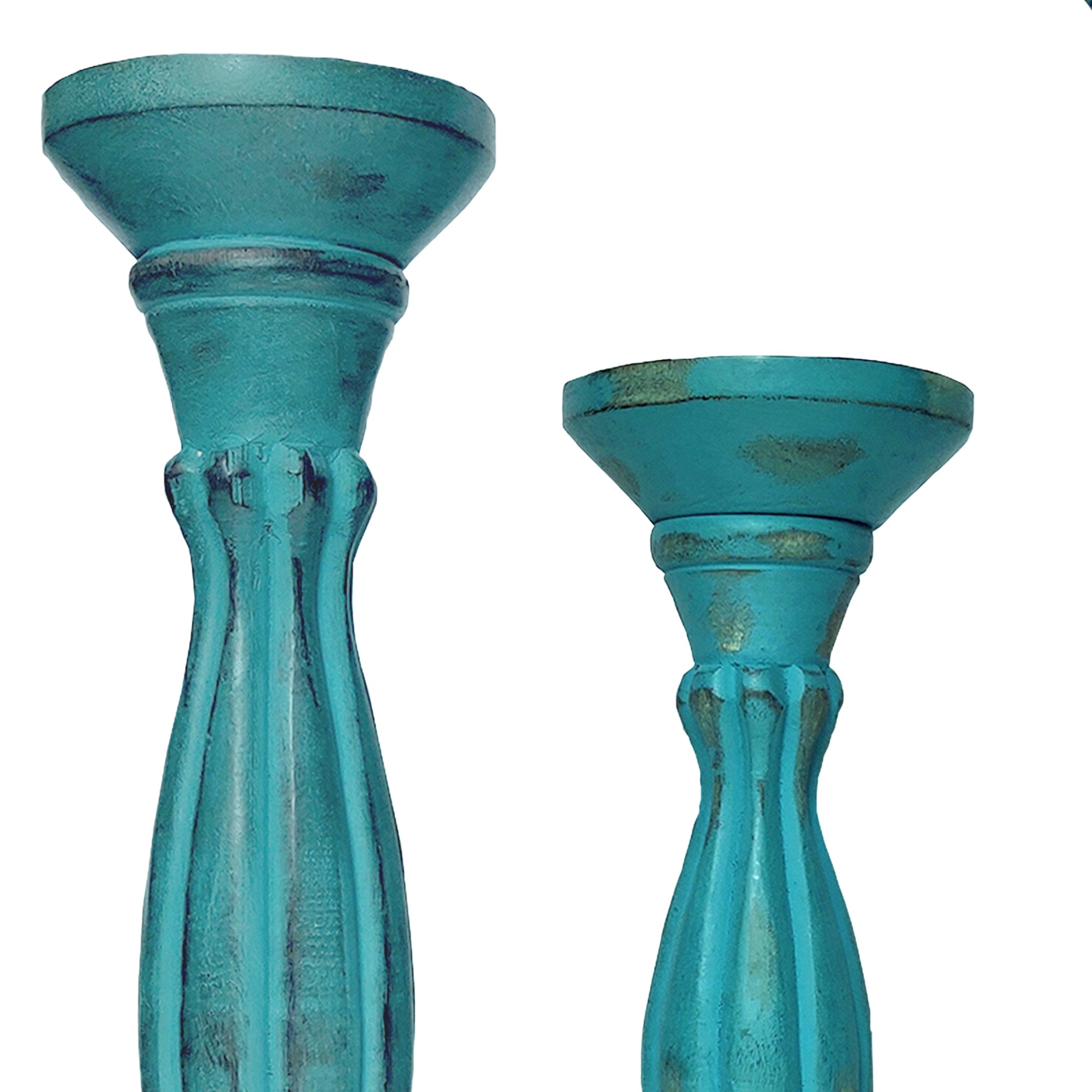 Handmade Wooden Candle Holder with Pillar Base Support (Set of 3) - Turquoise Blue
