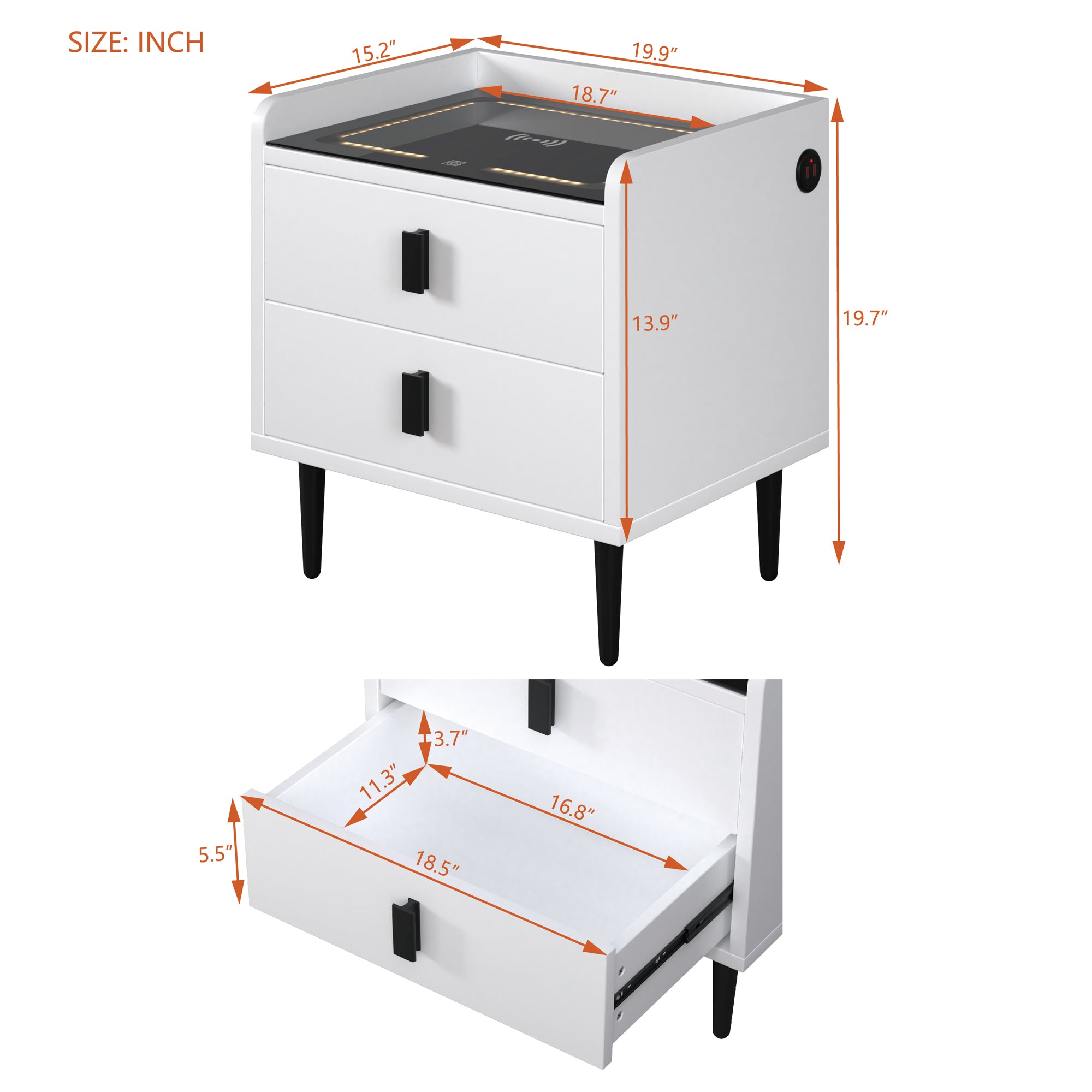 Nightstand with Wireless Charging Station,USB Charging and Adjustable LED Lights, Modern End Table with 2 Drawers - White