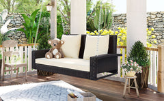 2-Person Wicker Hanging Porch Swing with Chains, Cushion, Pillow, Rattan Swing Bench for Garden, Backyard, Pond (Brown Wicker, Beige Cushion)