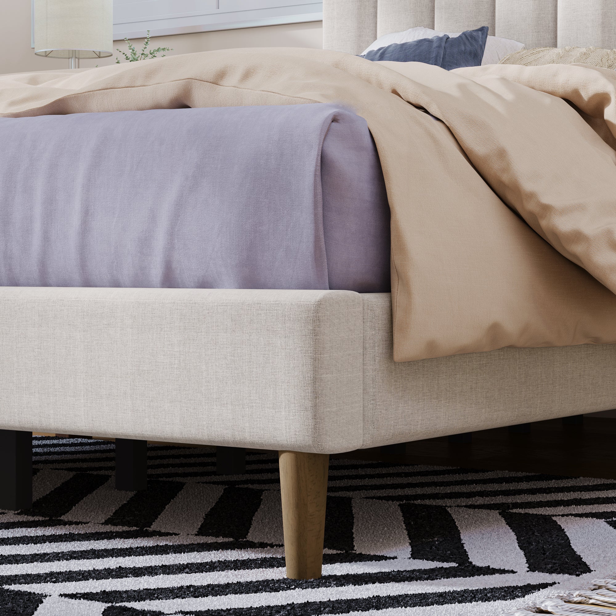 Full Bed - Upholstered Platform Bed Frame with Vertical Channel Tufted Headboard, No Box Spring Needed - Cream