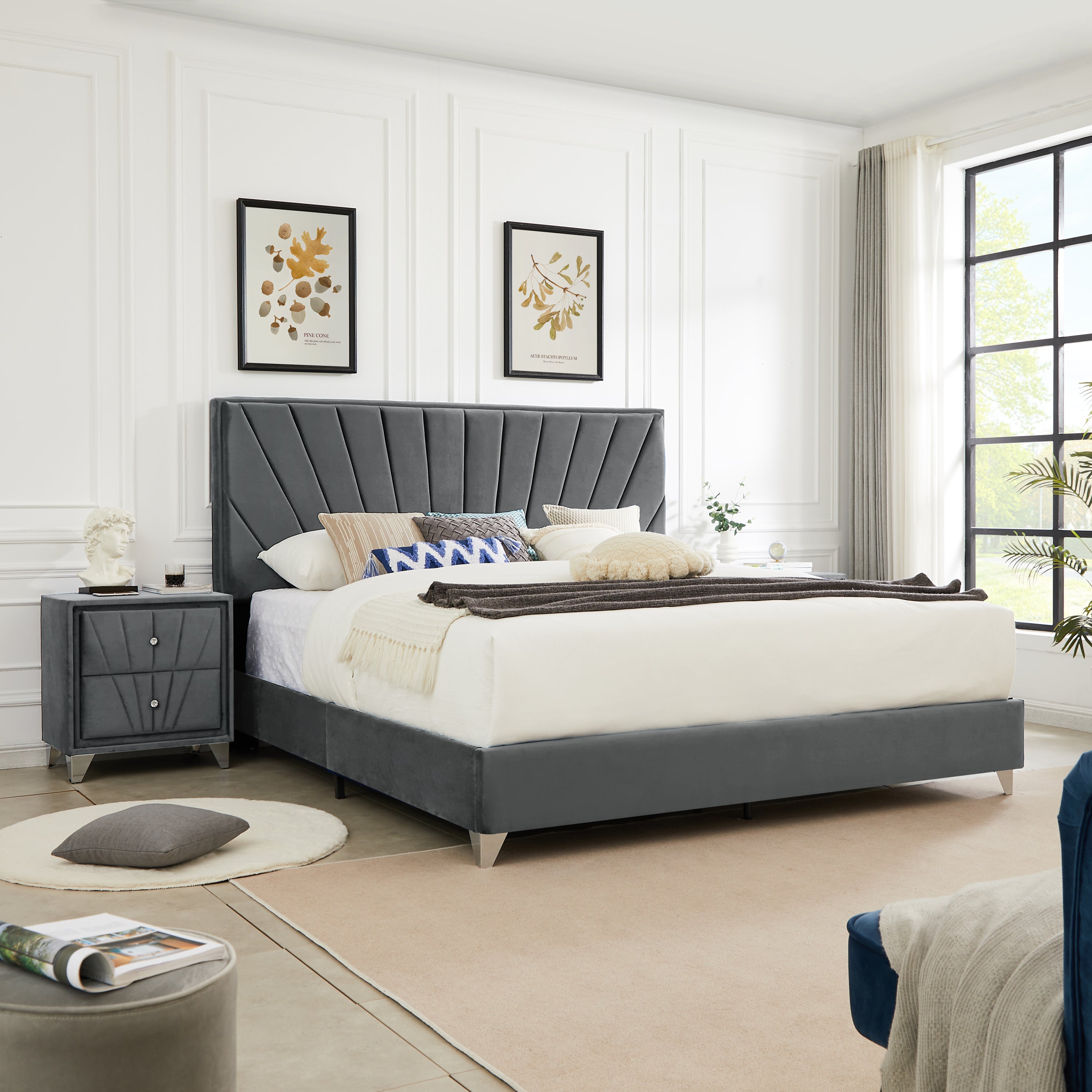 King Bed + 2 Nightstands - Gray