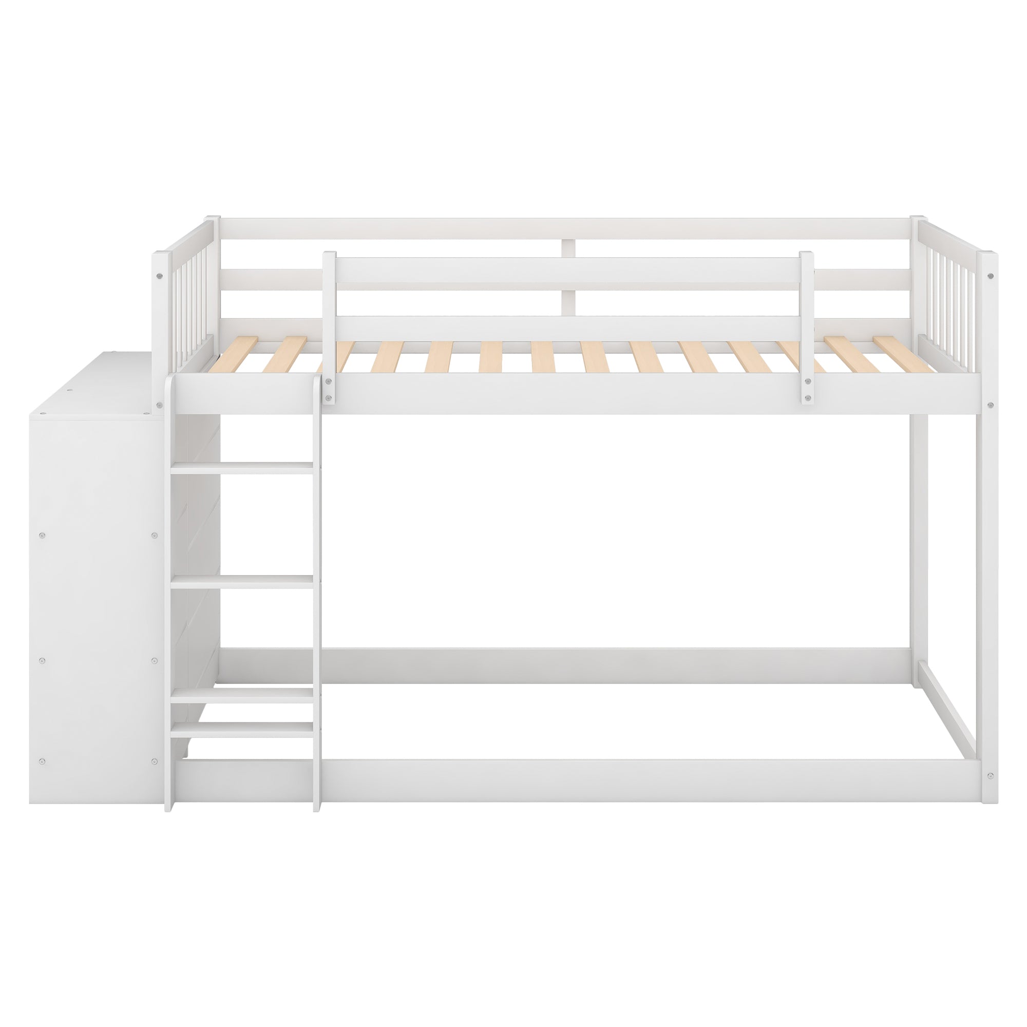 Twin over Twin Bunk Bed with Cabinet and Shelves Storage - White