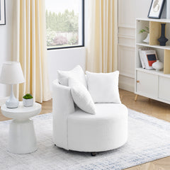 Teddy Fabric Swivel Accent Backchair Upholstered Luxury Lounge Chair with Movable Wheels, Including 3 Pillows - White