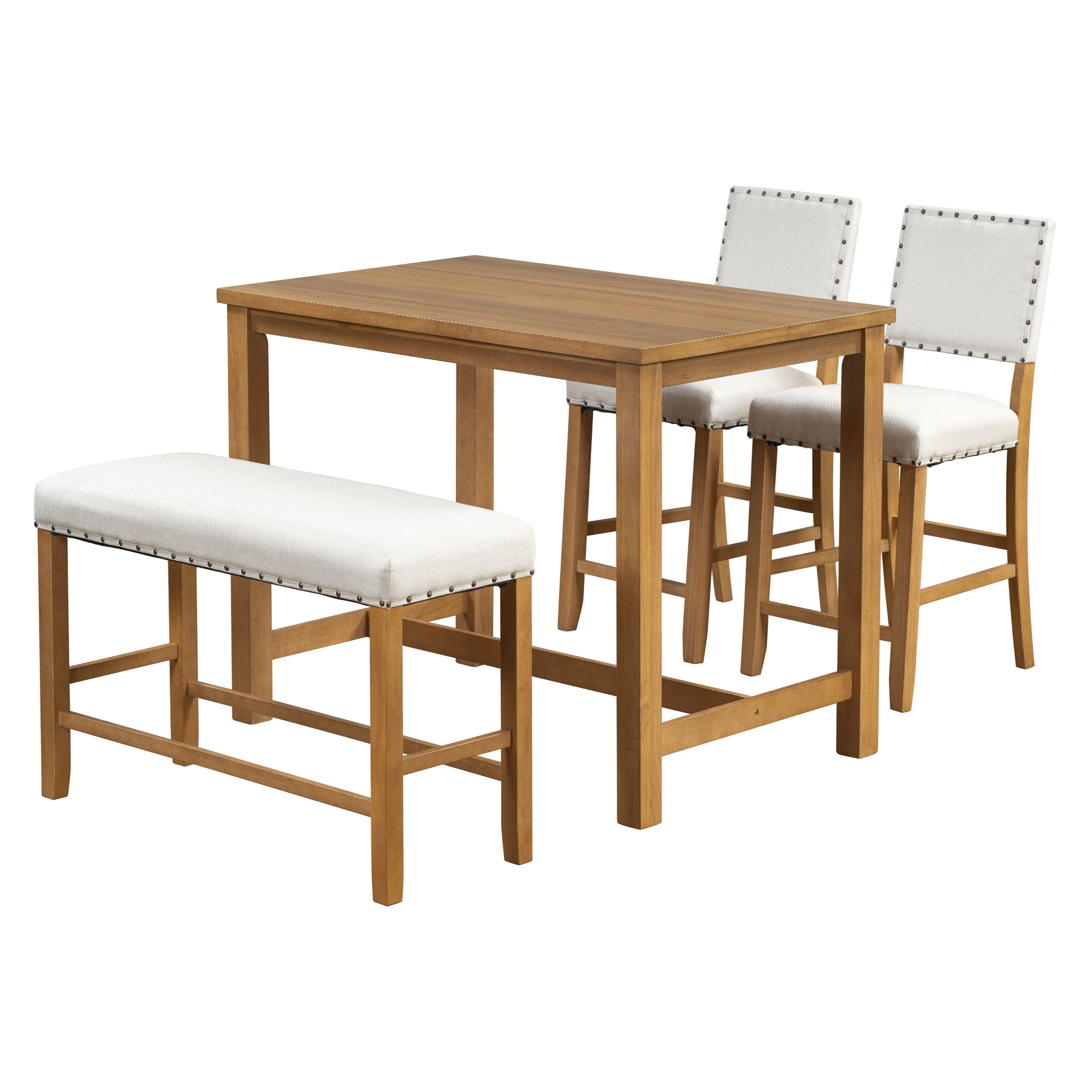 4 Piece Rustic Wooden Counter Height Dining Table Set with Upholstered Bench - Natural+Beige
