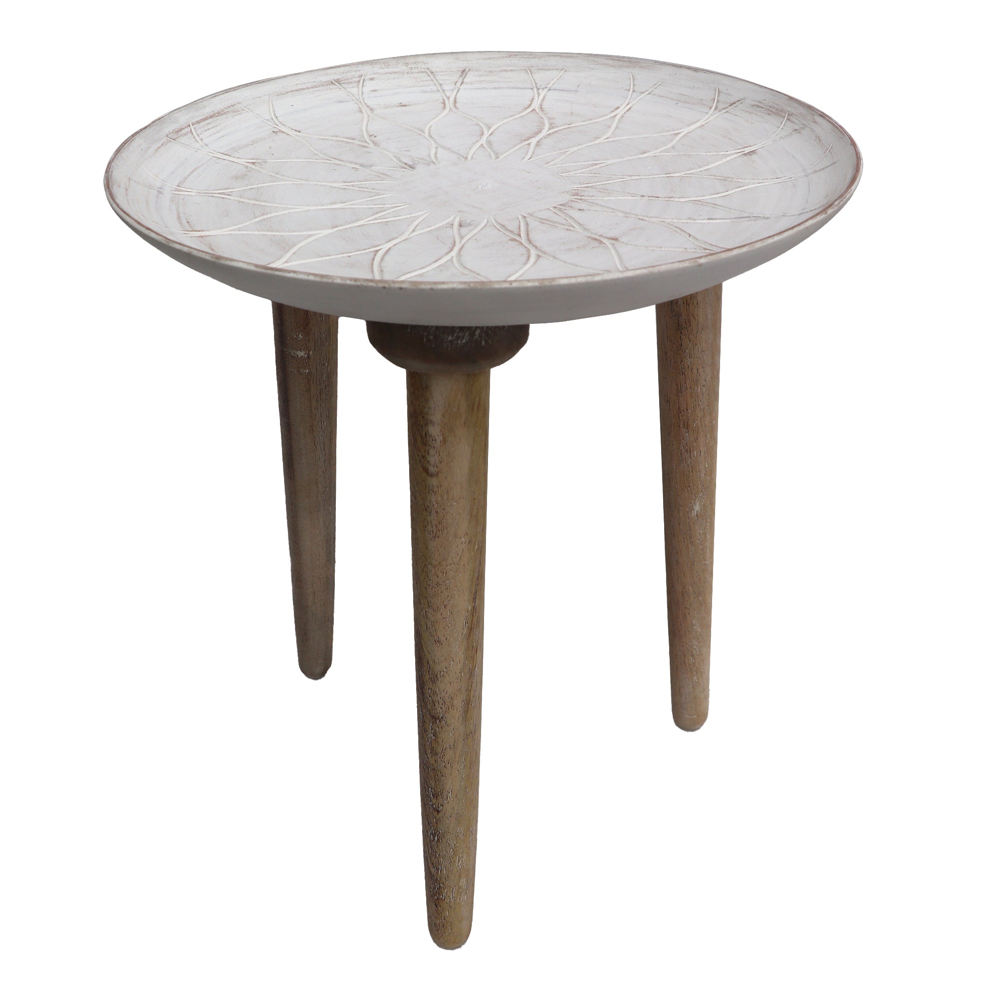 Mango Wood Bowl Top Side End Coffee Table with Angled Tripod Base (Set of 3) - White and Brown