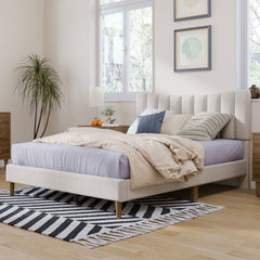 Full Bed - Upholstered Platform Bed Frame with Vertical Channel Tufted Headboard, No Box Spring Needed - Cream