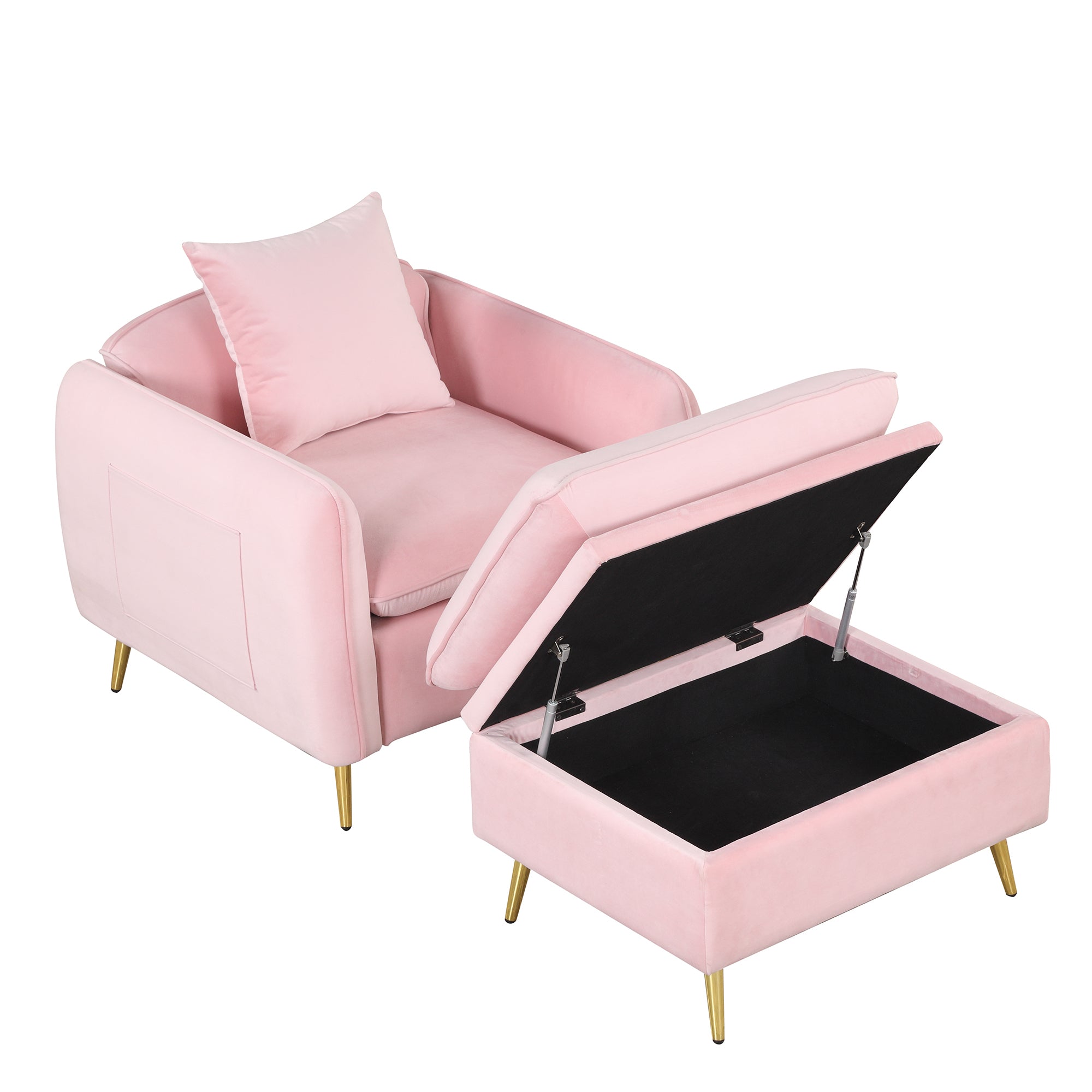 Armchair with Ottoman Fabric Single Sofa Foot Rest & Pillow Pink