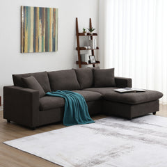 100.4x64.6" Modern Sectional Sofa, L-Shaped Couch Set With 2 Free Pillows, 4-Seat Polyester Fabric Couch Set With Convertible Ottoman - Dark Brown
