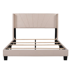 Queen Size Velvet Upholstered Platform Bed, Box Spring Needed - Beige