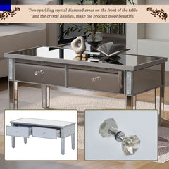 Modern Glass Mirrored Coffee Table with 2 Drawers, Cocktail Table with Crystal Handles and Adjustable Height Legs - Silver