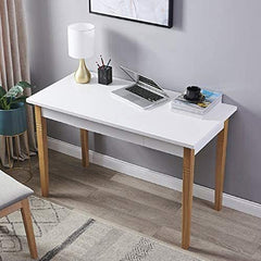 Home Office Desk Computer with Solid Wood Legs & 1 Drawer - White + Wood