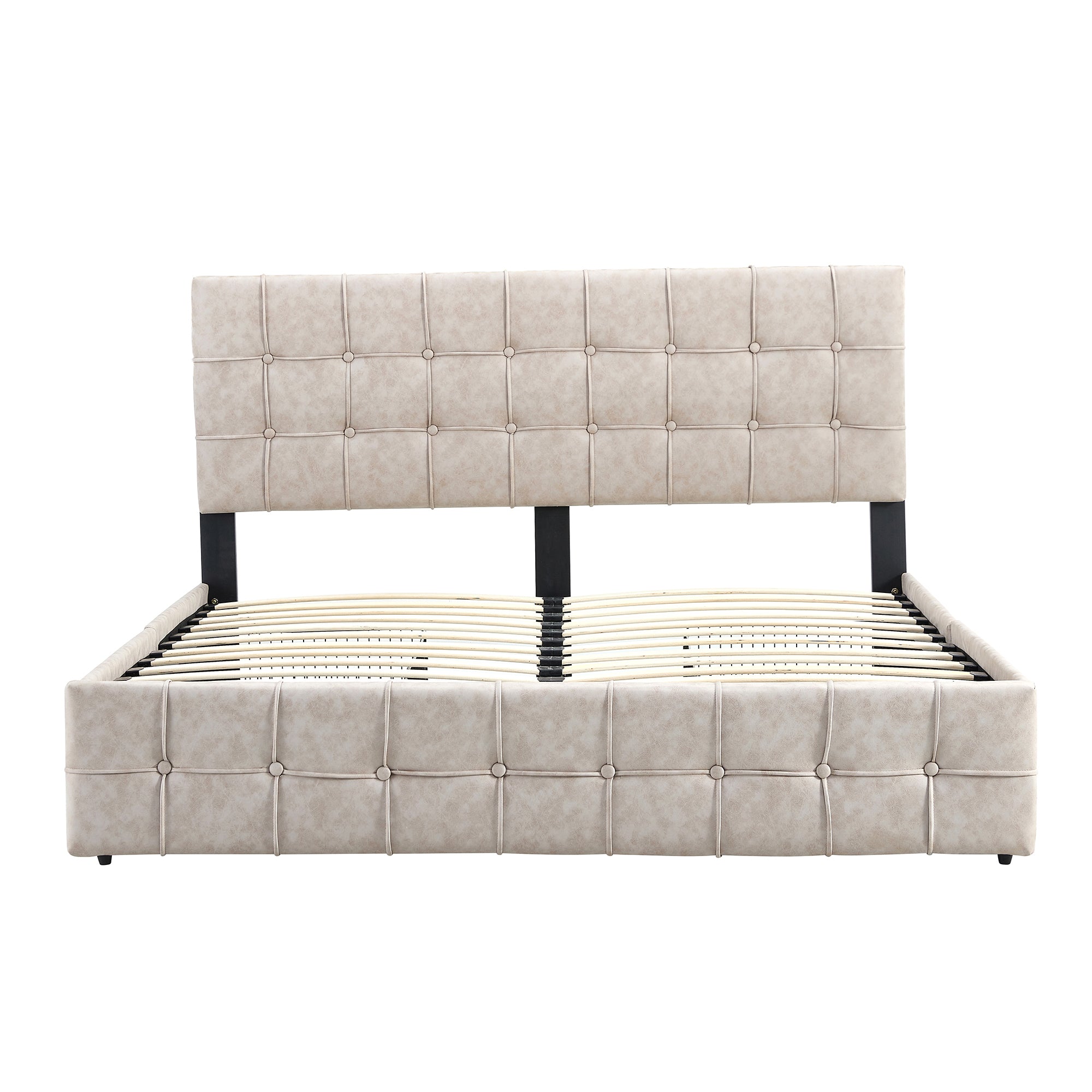 Full Size Upholstered Platform Bed Frame with Adjustable Headboard with 4 Drawers Storage, Wooden Slat Support Mattress Foundation - Beige