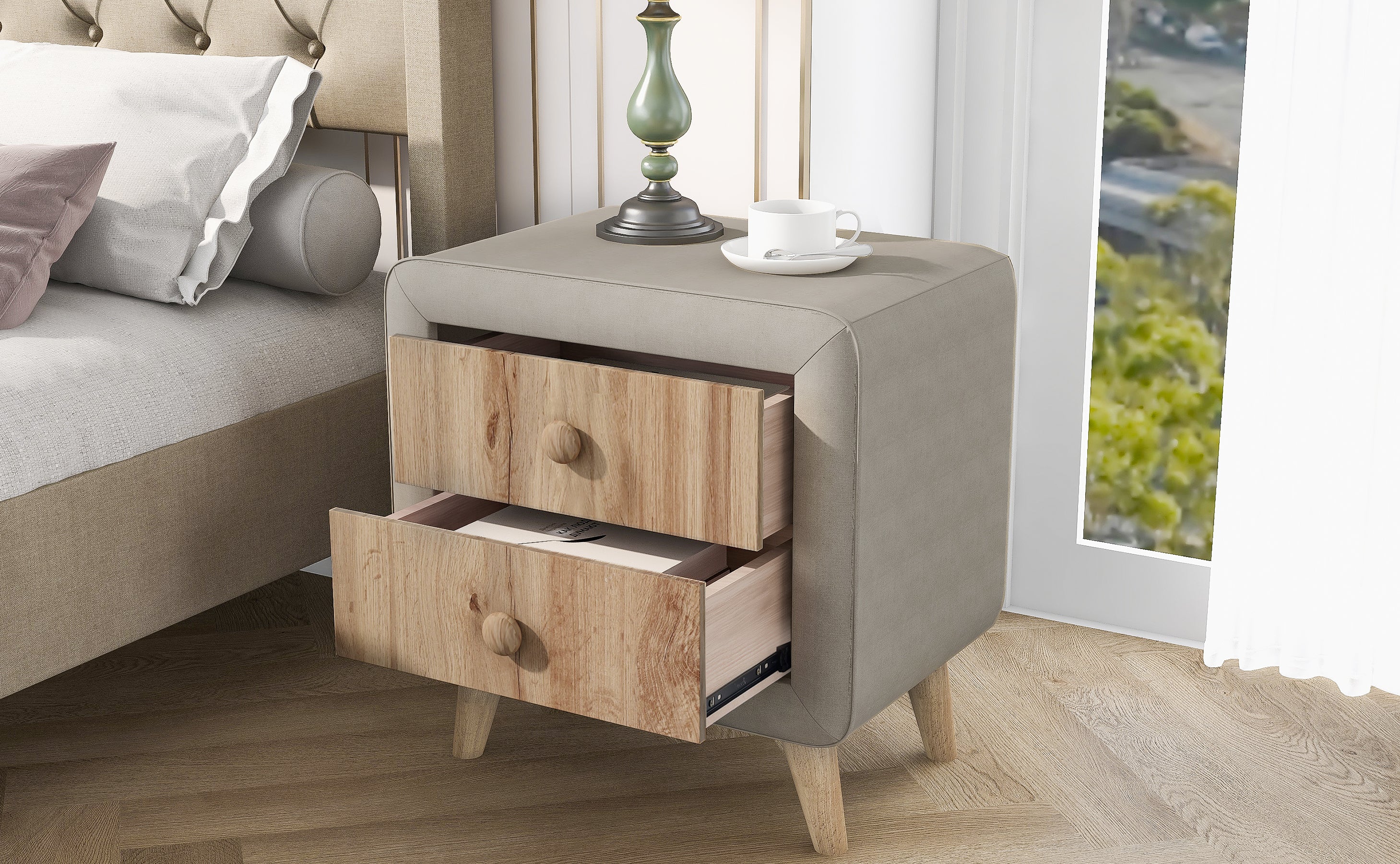 Upholstered Wooden Nightstand with 2 Drawers - Beige